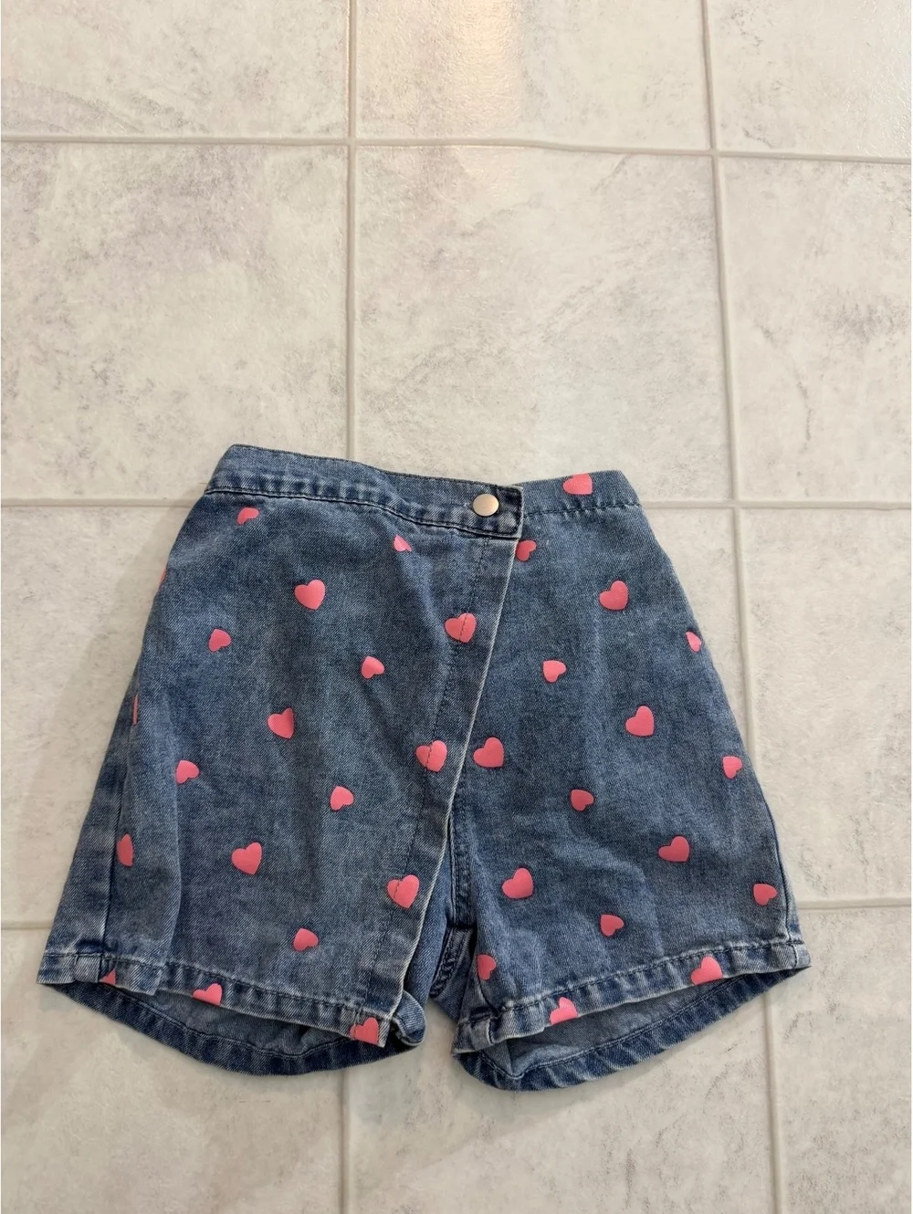 SHEIN kids denim shorts with pink hearts